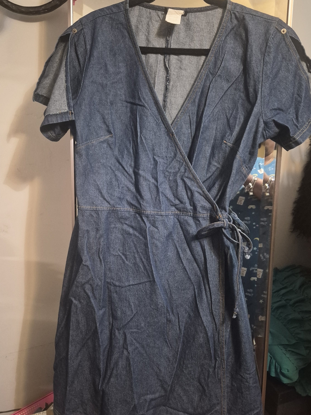 Denim Wrap Midi Dress with Tie Waist - Blue